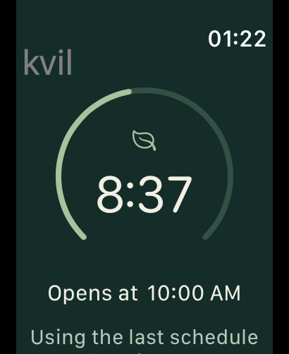 Kvil on Apple Watch, showing the next eating window and a circular countdown.